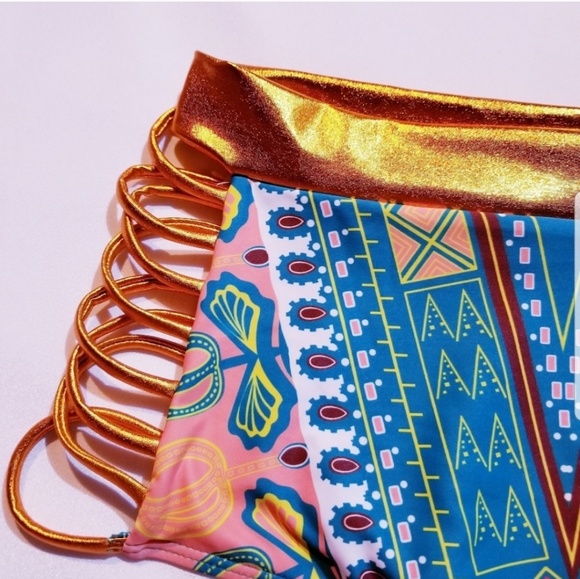 High Waist Bikini Teal & Gold Tribal Aztec Boho - Picture 5 of 7